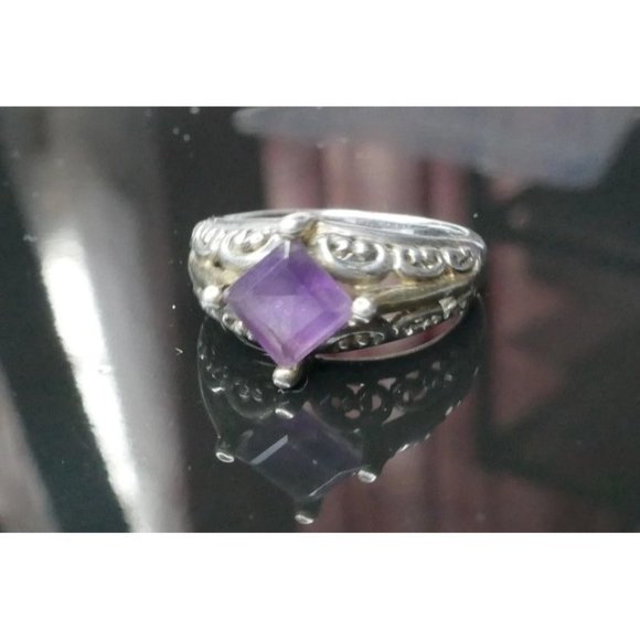 Sterling Silver Ring With Square Amethyst Gemstone & Ornate Filigree Design Size - Picture 11 of 11